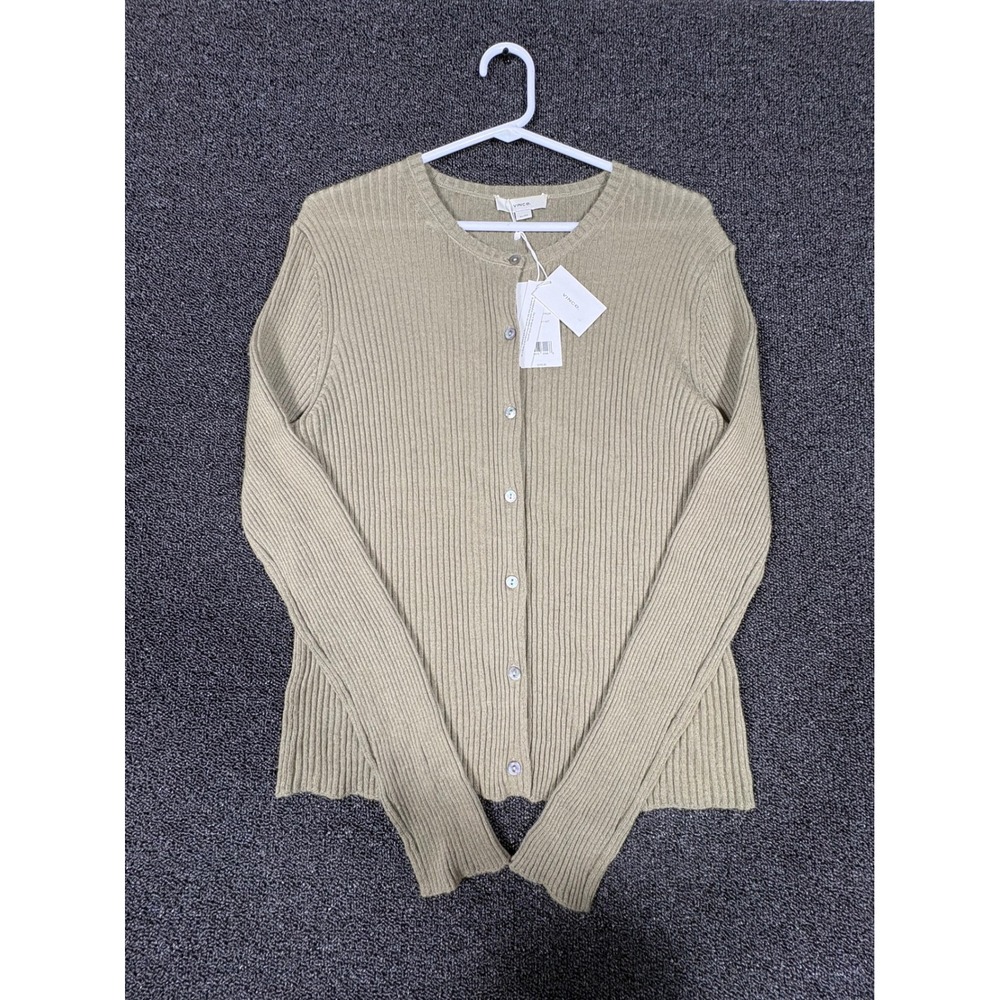 Vince Ribbed Knit Cardigan Button Front Sweater Womens XL Sage Green Stretch NWT